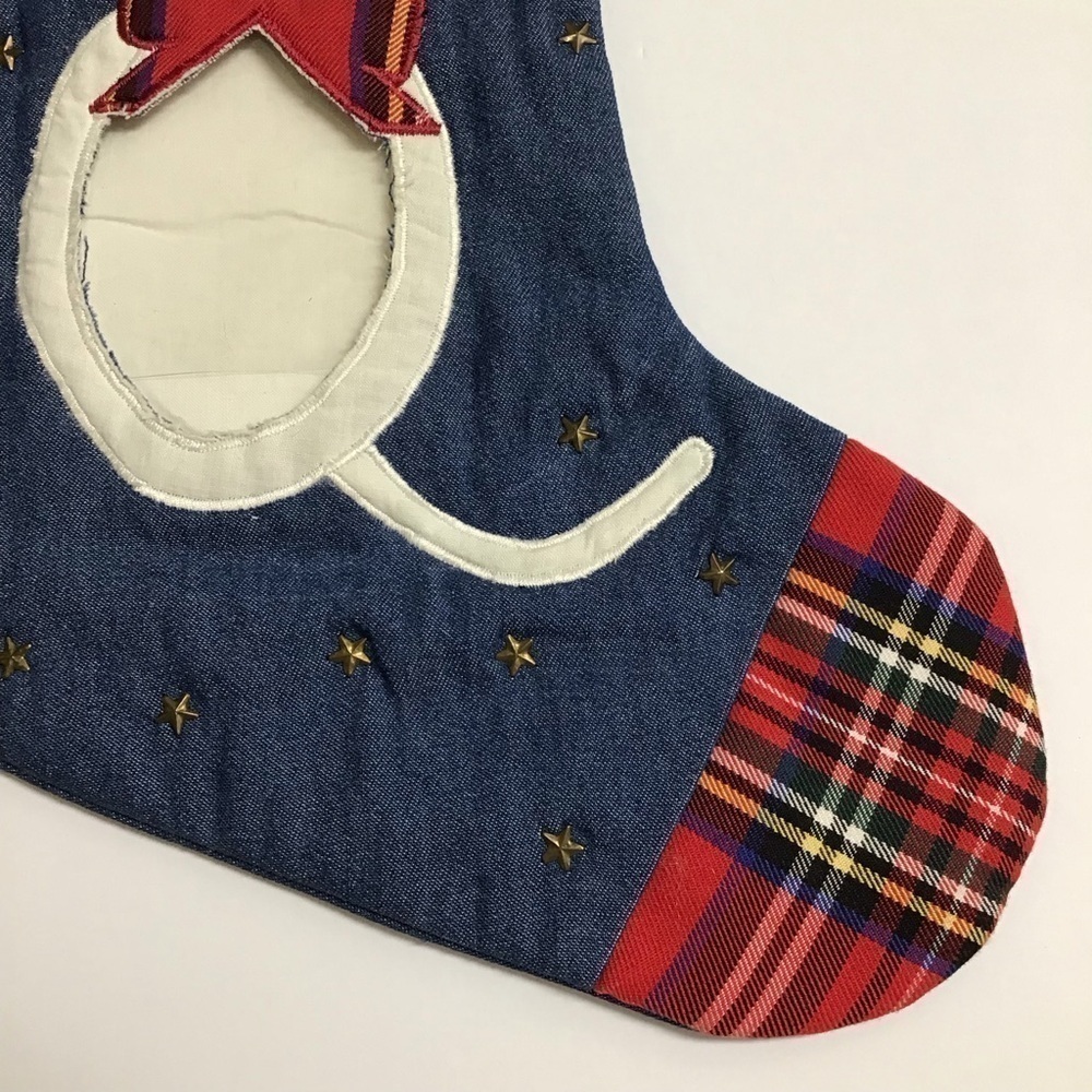 Cat Christmas Stocking Picture Frame Kitten Kitty Pet Applique Plaid Denim Stars - Picture 4 of 13